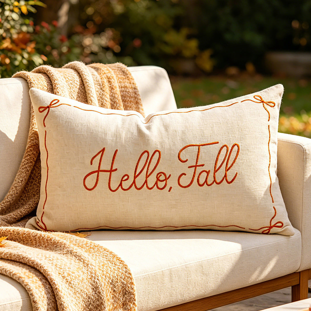 Embroidered Hello Fall Linen-Look Lumbar Throw Pillow Cover