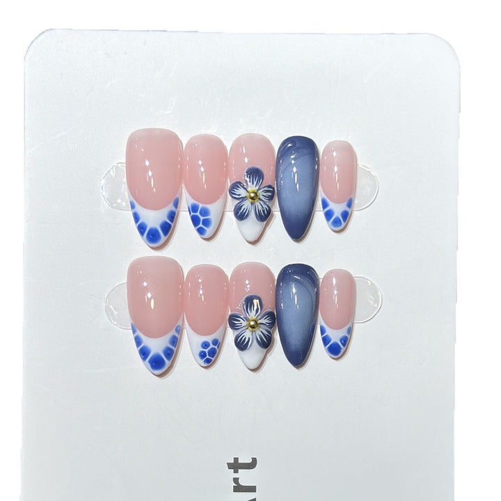 Artistic Press-On Nail Set with Floral and Geometric Accents Stornfield