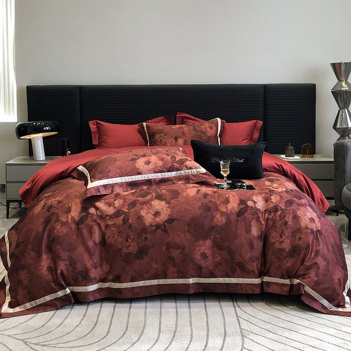 Satin bedding set with watercolor rose design, hotel closure and contrast piping