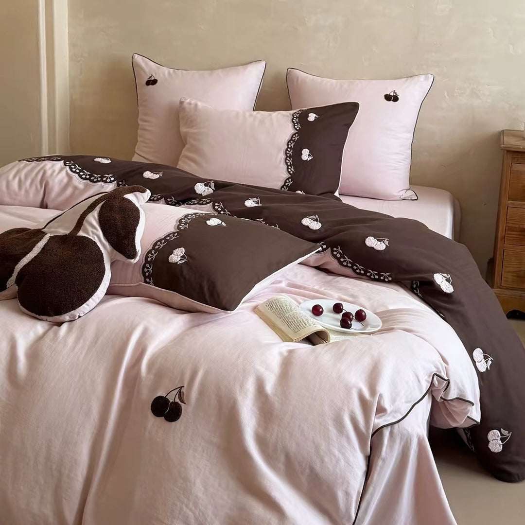 Embroidered Cherry Cotton Duvet Cover Set with Reversible Quilted Comforter and Piped Pillow Shams