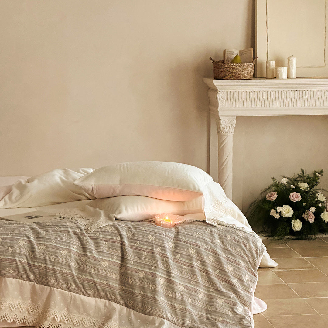 Vintage-Inspired Lace-Trim Cotton Duvet Cover Set with Embroidered Bed Skirt and Pillow Shams