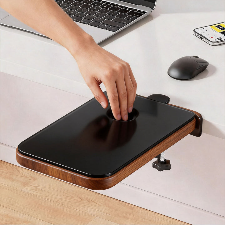 Clamp-On Side Desk Shelf Extender with Woodgrain Laminate Top and Adjustable Locking Clamp