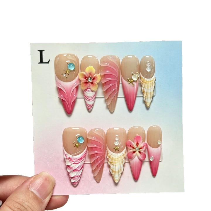 Artistic Press-On Nail Set with Floral and Shell Accents