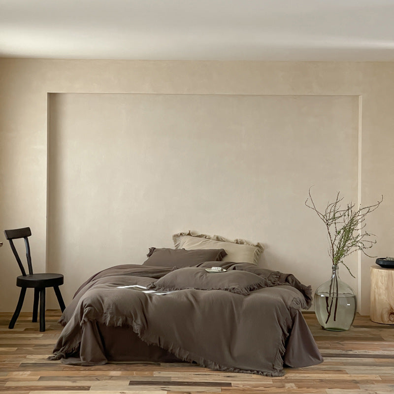 Washed Cotton Gauze Fringed Duvet Cover Set with Skirted Base & Textured Pillow Shams