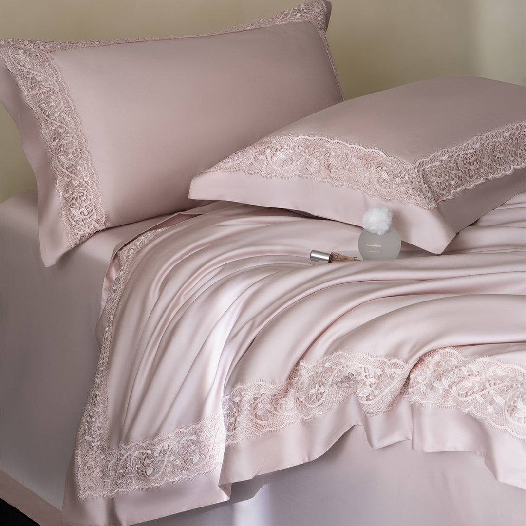 Silky Charmeuse Lace-Trim Duvet Cover Set with Concealed Closure and Matching Shams