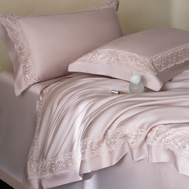 Silky Charmeuse Lace-Trim Duvet Cover Set with Concealed Closure and Matching Shams