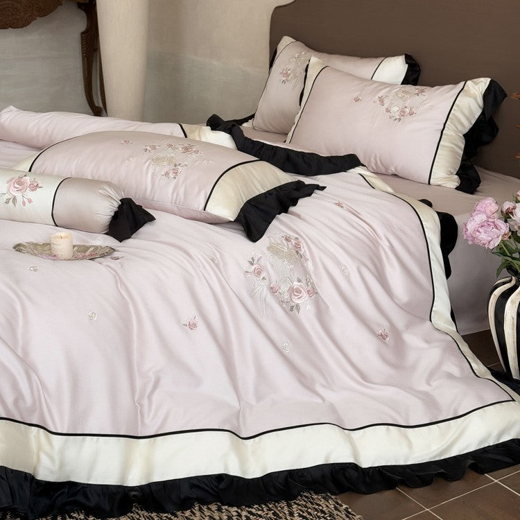 Embroidered Floral Ruffled Edge Duvet Cover and Pillow Sham Set