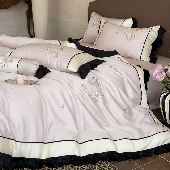 Embroidered Floral Ruffled Edge Duvet Cover and Pillow Sham Set