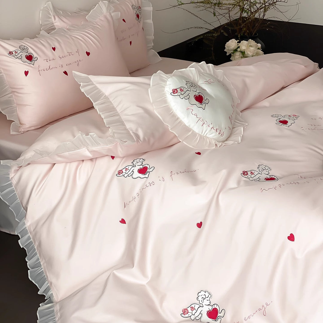 Ruffled Heart-Embroidered Cotton-Sateen Duvet Cover Set with Decorative Heart Cushion