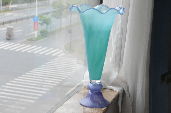 Handblown Fluted Pedestal Art Glass Trumpet Vase Stornfield