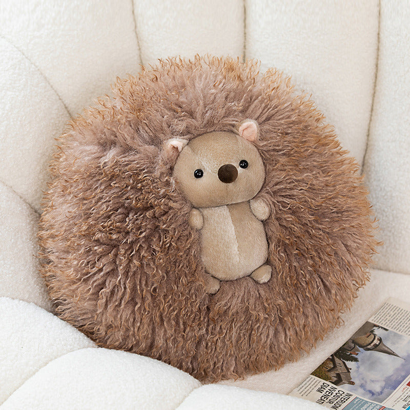 Round Curly Faux-Fur Decorative Cushion with Center Plush Hedgehog Stornfield