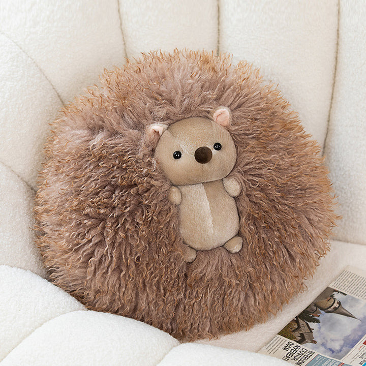 Round Curly Faux-Fur Decorative Cushion with Center Plush Hedgehog Stornfield