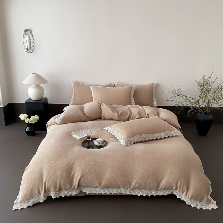 Luxurious linen bedding set with lace trim and pillowcases