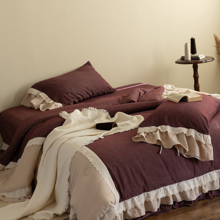 Ruffled Lace-Trimmed Linen Duvet Cover & Tufted Comforter Set