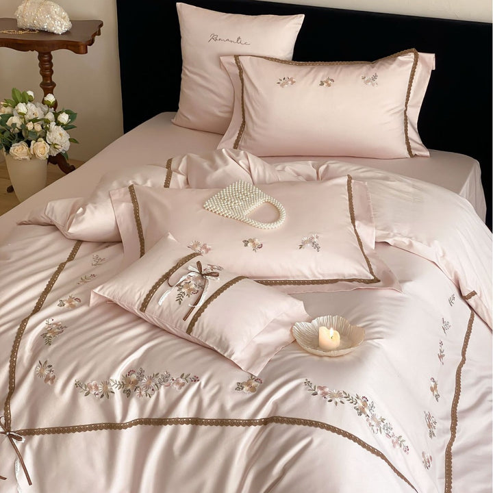 Embroidered Satin Sateen Duvet Cover Set with Lace-Trim Pillow Shams