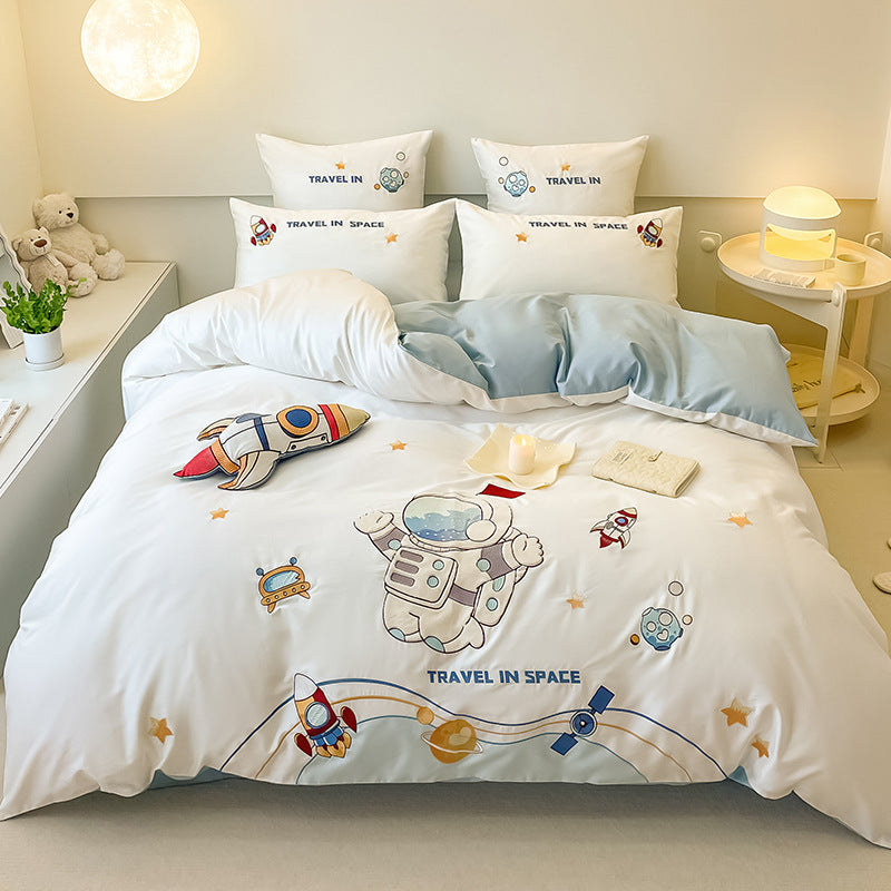 Children's Space-Themed Cotton Sateen Duvet Cover Bedding Set with Embroidered Astronaut & Rocket Motifs