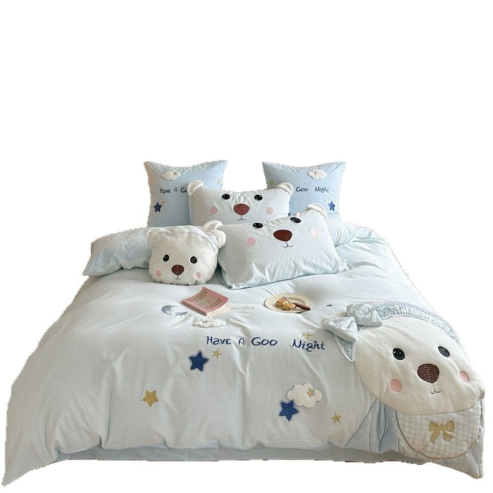 Children's Cotton-Blend Bear Embroidered Duvet Cover Bedding Set