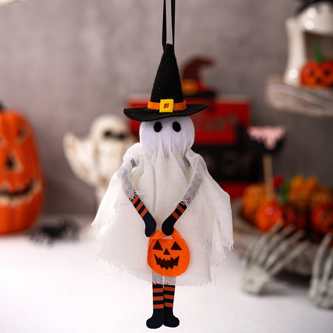 Halloween Hanging Decoration Plush Pumpkin with Tulle Collar and Ribbon Hanger