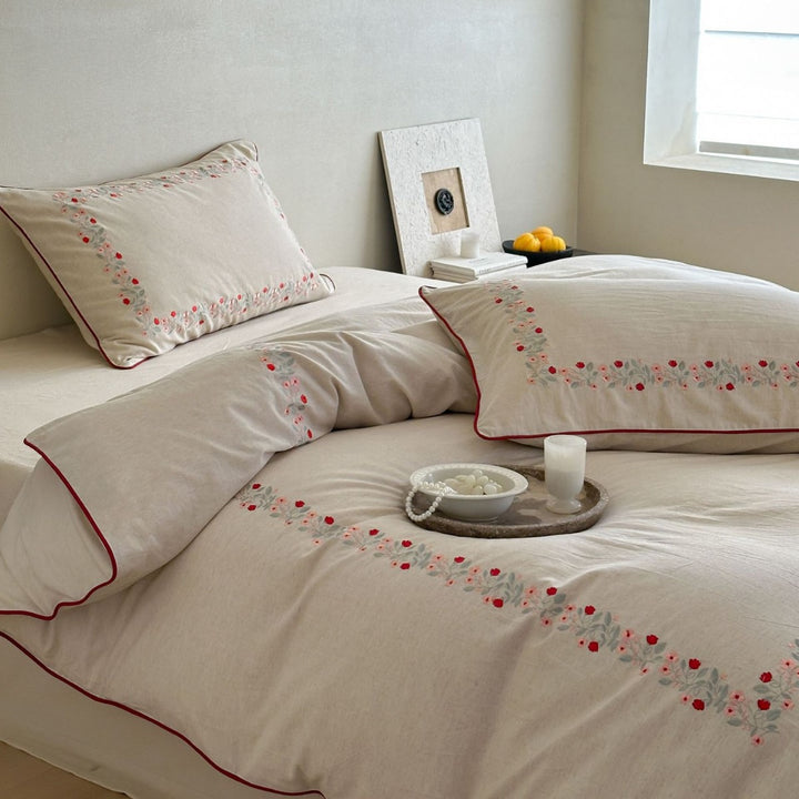 Linen bedding set with floral embroidery border