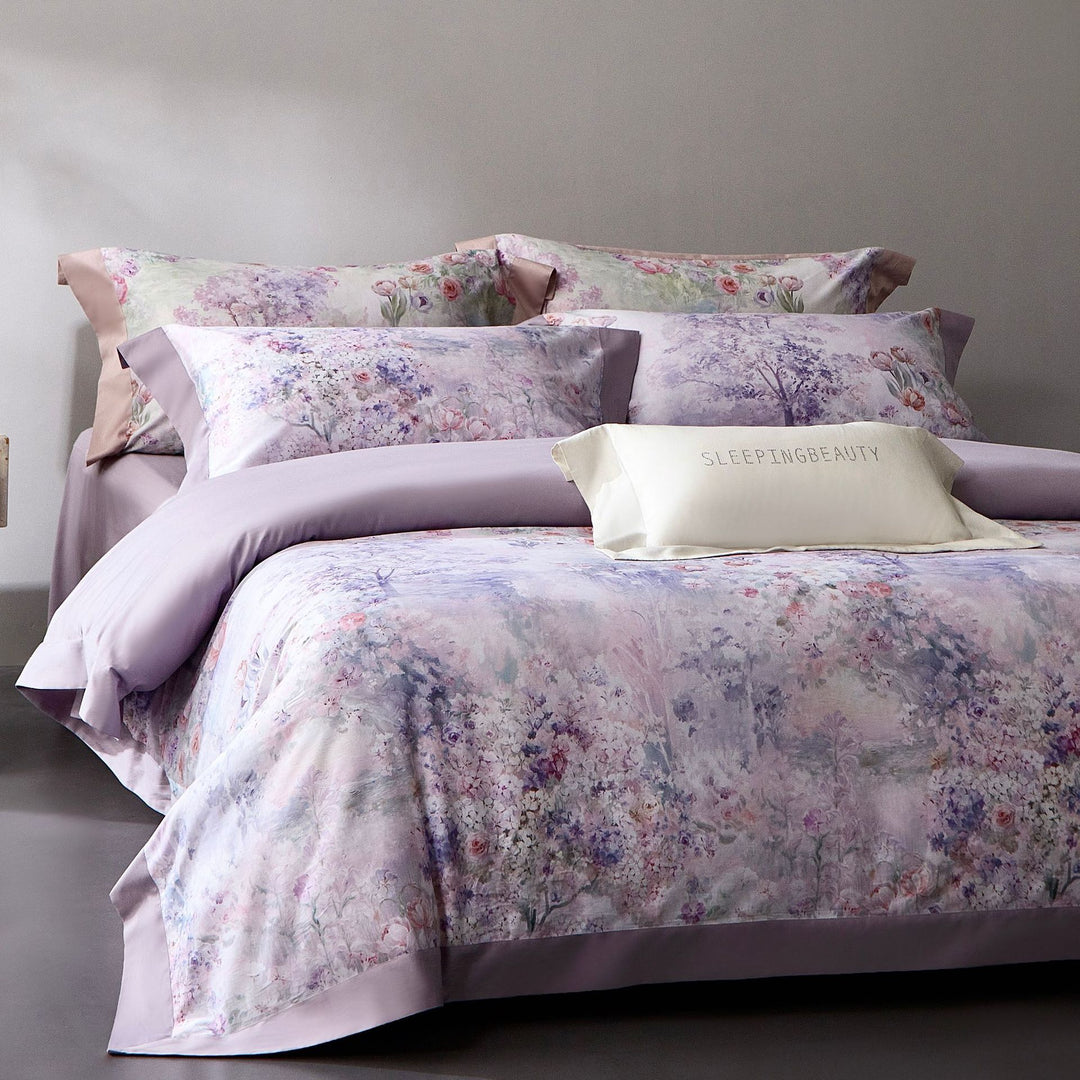 Luxury Floral Cotton Sateen Duvet Cover Set with Contrast Hem and Pillow Shams