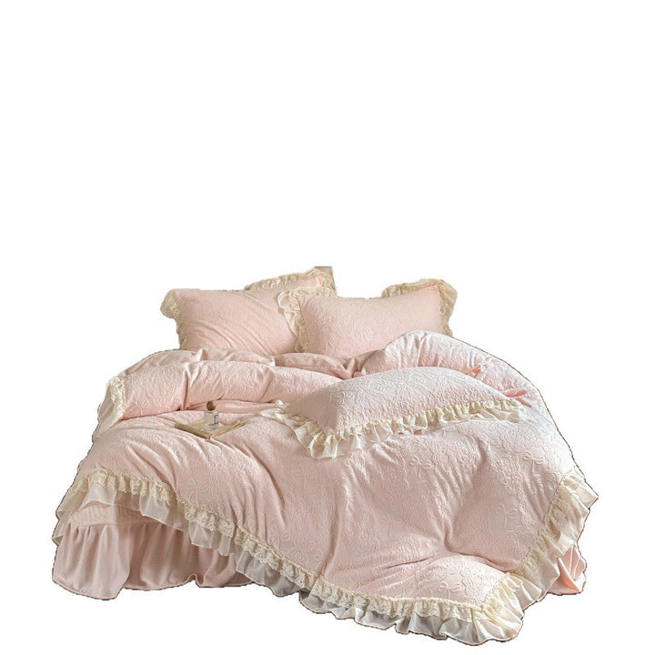 Quilted Jacquard Duvet Cover Set with Lace Ruffle and Decorative Pillow Shams