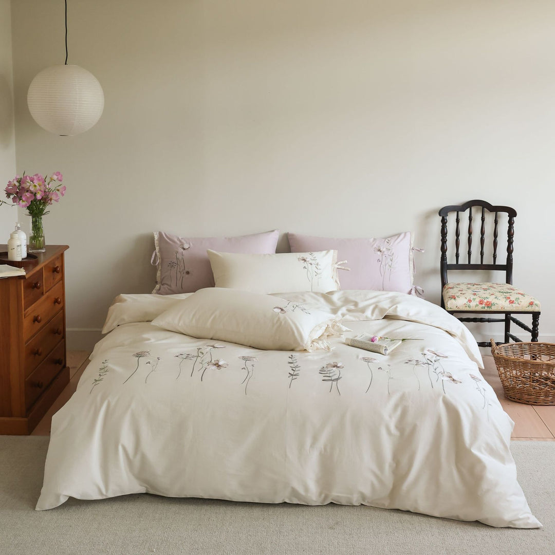 Floral Embroidered Cotton Duvet Cover Set with Tie-Sham Detailing
