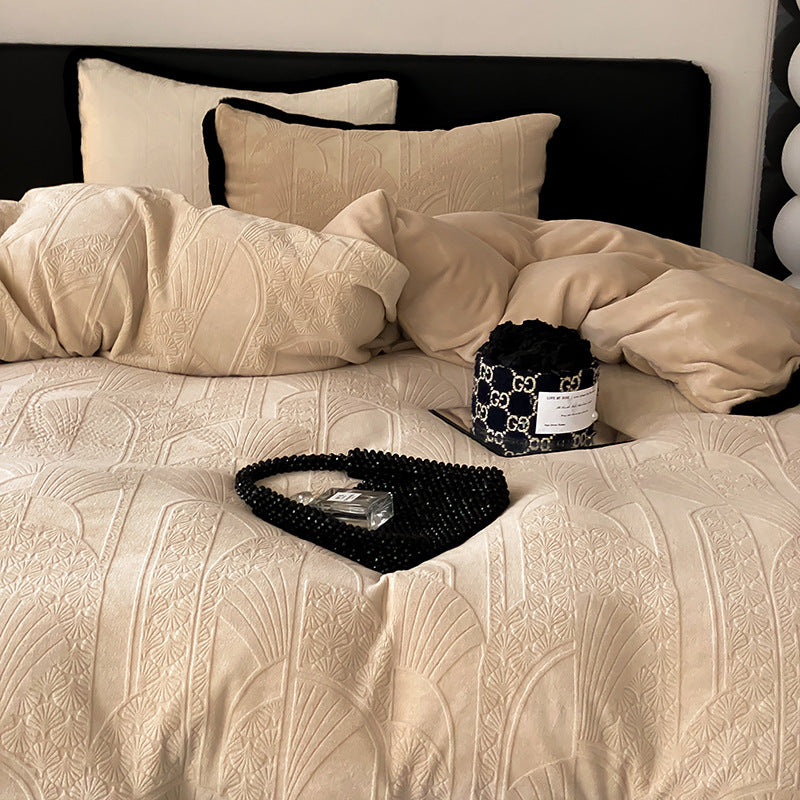 Quilted luxury bed set made of cotton blend with relief pattern and velvet trim