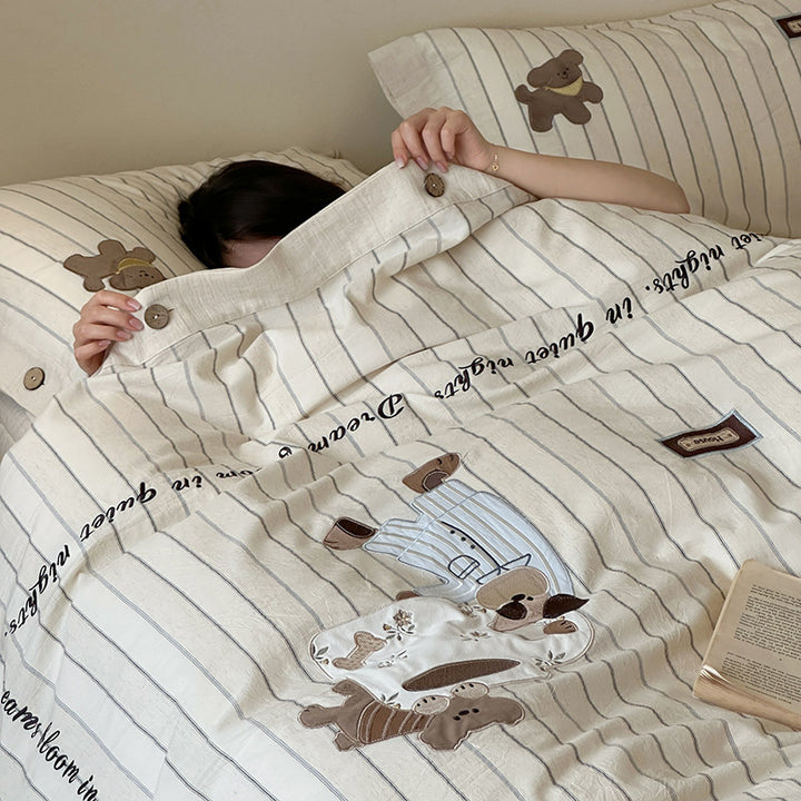 Playful Teddy Appliqué Striped Cotton-Linen Duvet Cover Set