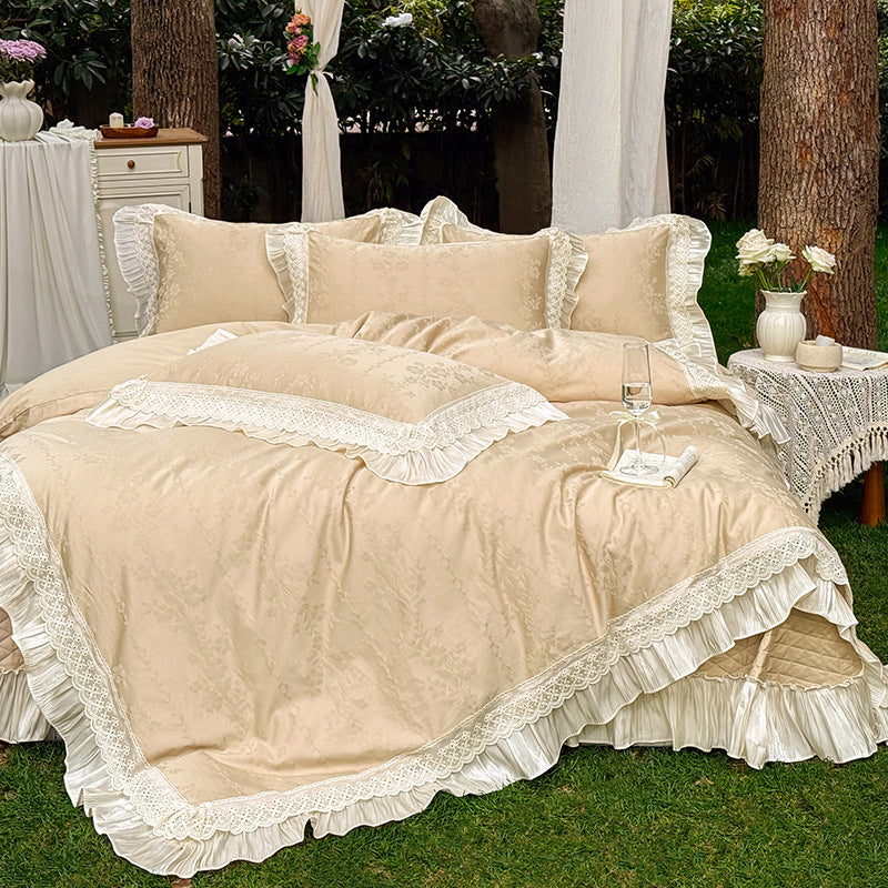 Ruffled Lace-Trim Jacquard Floral Duvet Cover Set with Quilted Bed Skirt and Pillow Shams