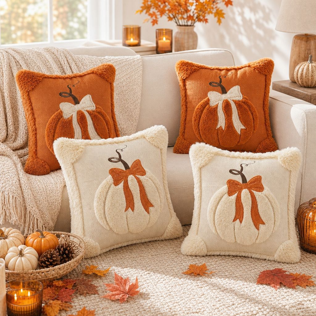 Autumn Plush Decorative Throw Pillow with Dimensional Pumpkin Applique