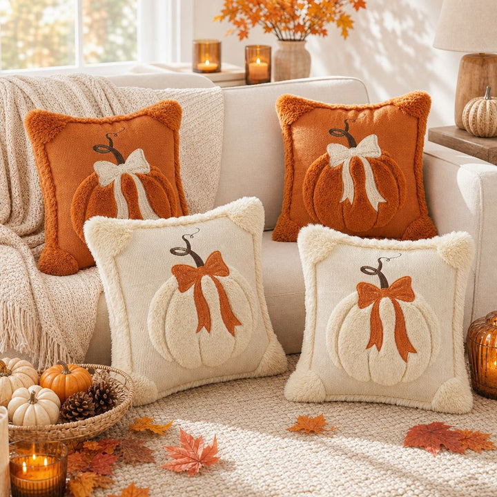 Autumn Plush Decorative Throw Pillow with Dimensional Pumpkin Applique