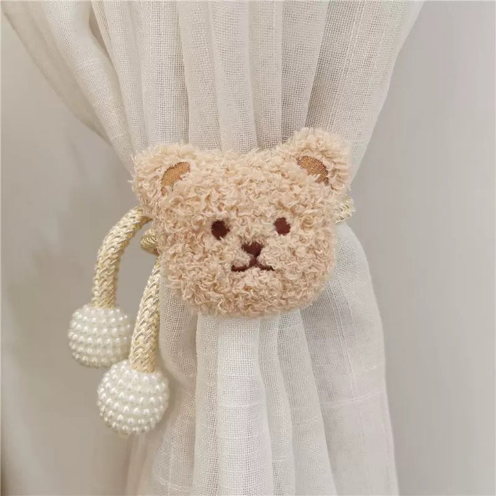 Plush Bear Curtain Tieback with Braided Rope and Pearl Tassels