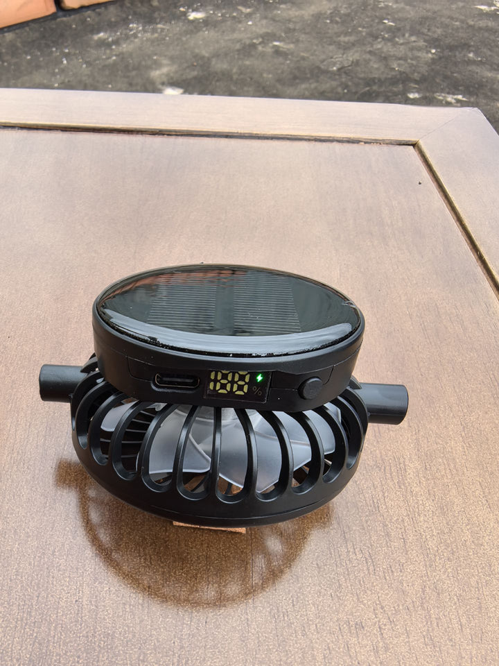 Solar-powered mini fan with digital battery level indicator and USB-C charging port Stornfield