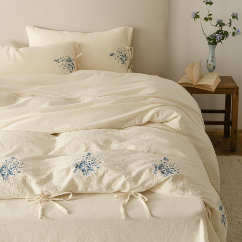 Cotton-Linen Embroidered Duvet Cover Set with Tie-Closure Pillowcases