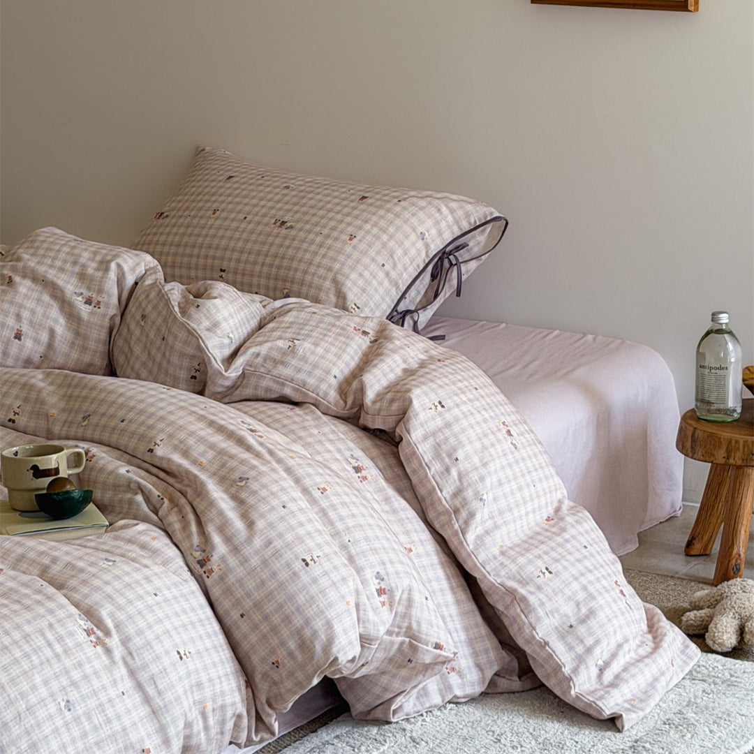 Illustrated Cotton-Sateen Duvet Cover Set with Ribbon-Tie Pillowcase