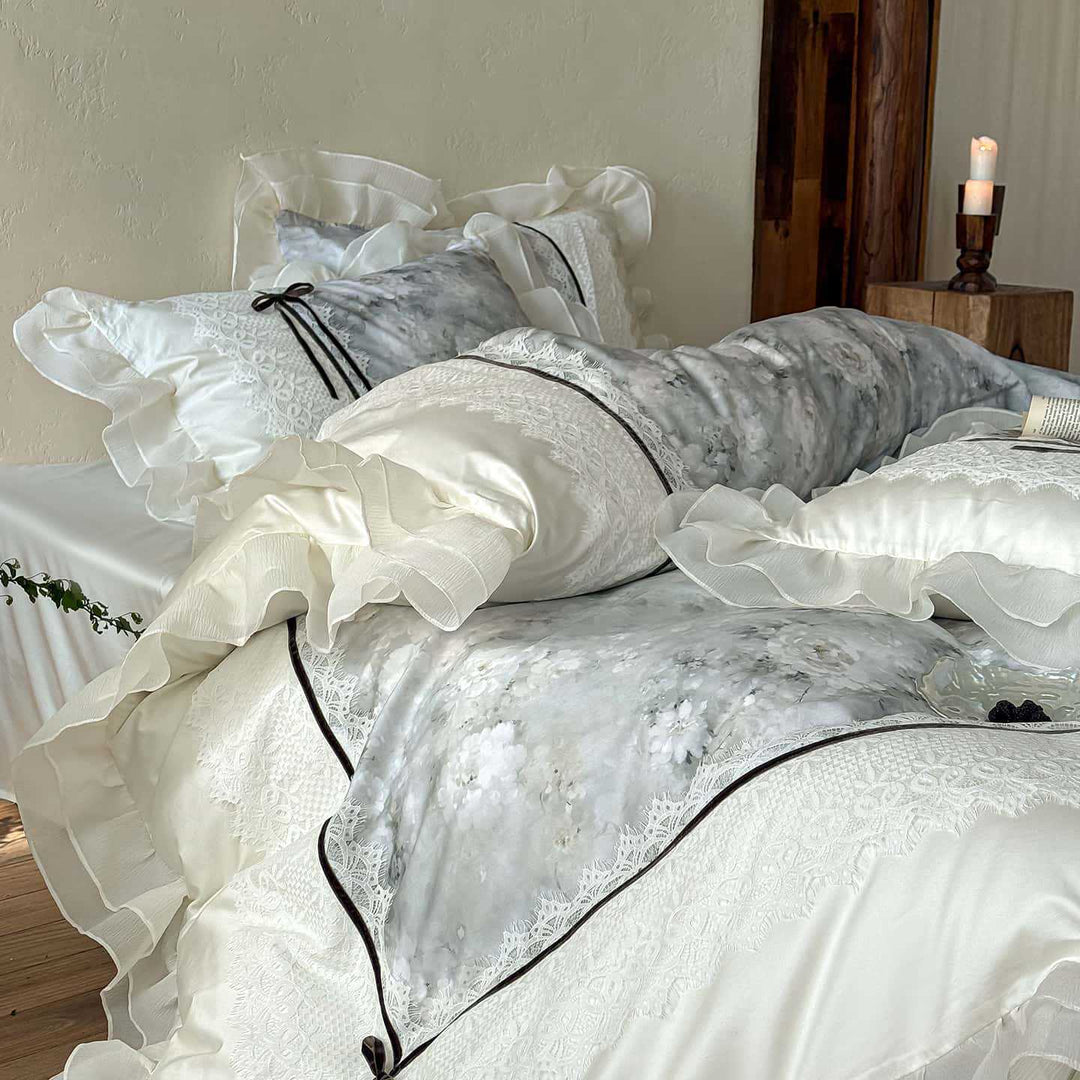 luxurious romantic bedding set with lace trim and ruffles