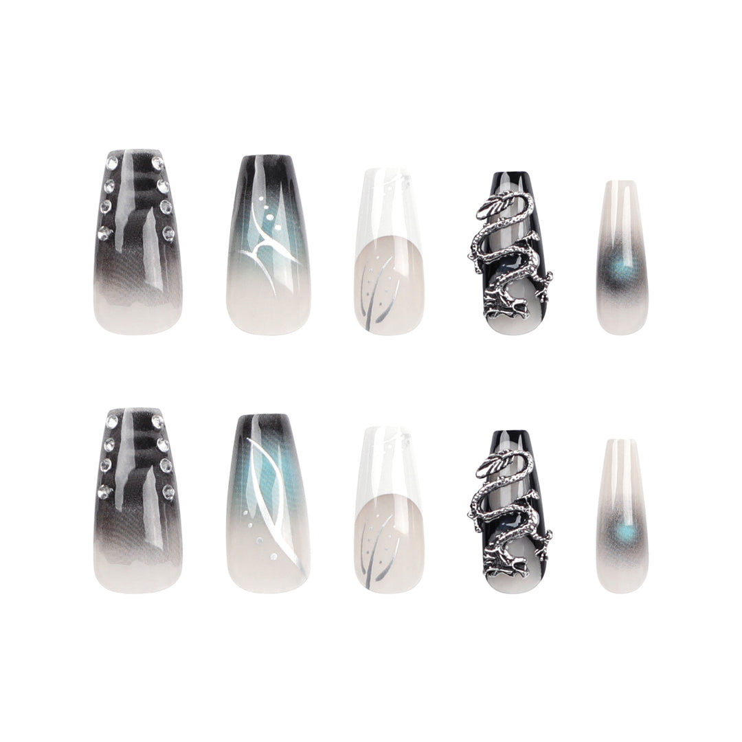 Artistic acrylic nails in elegant ombre design with elaborate details Stornfield