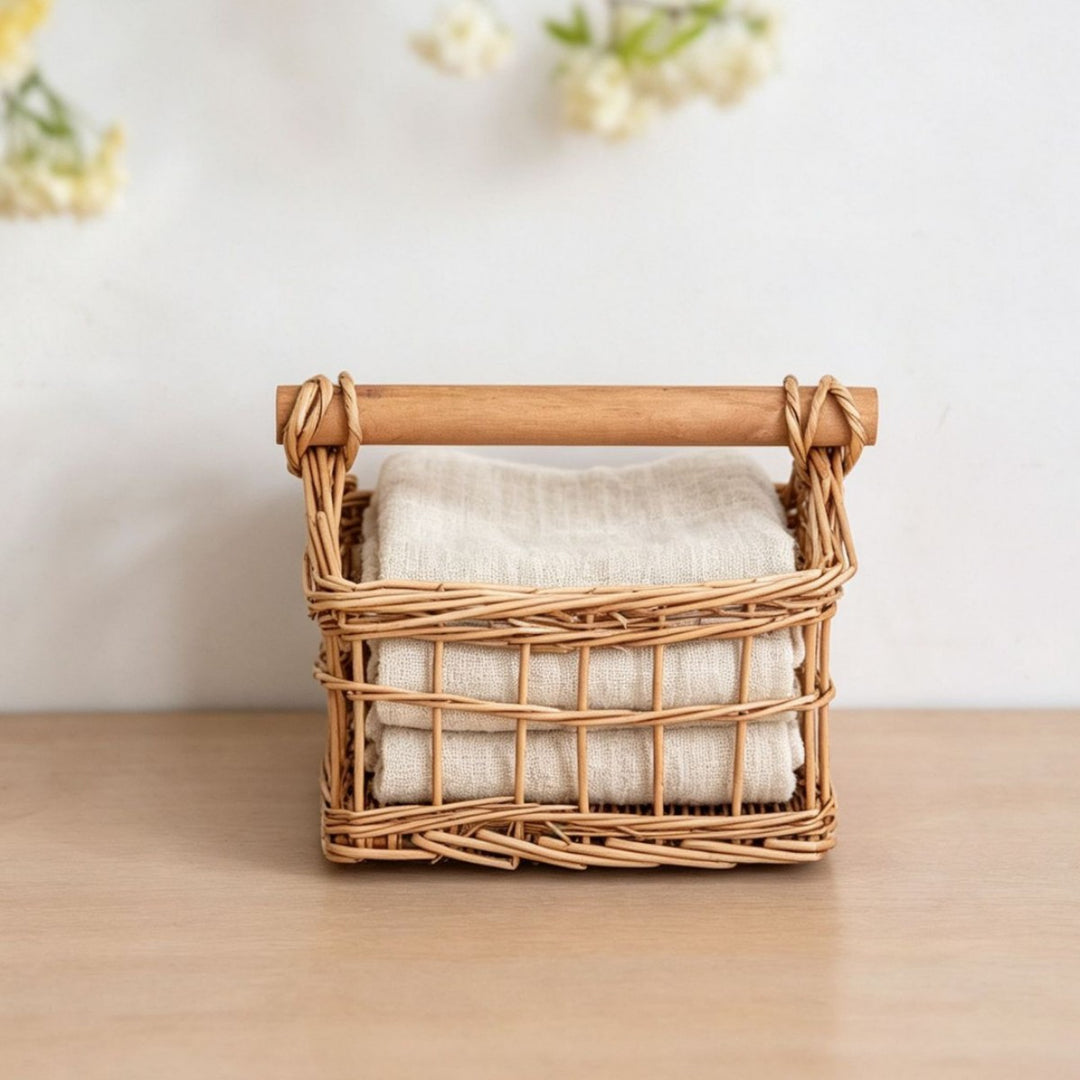Handcrafted storage basket with wooden handle Stornfield