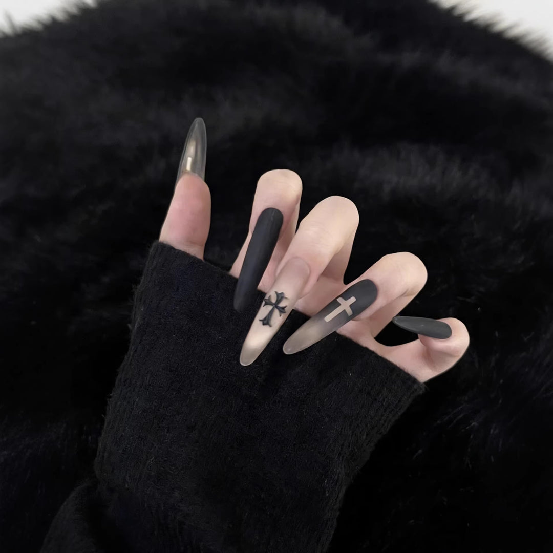 Artistic Press-On Nail Set with Gothic Cross Designs