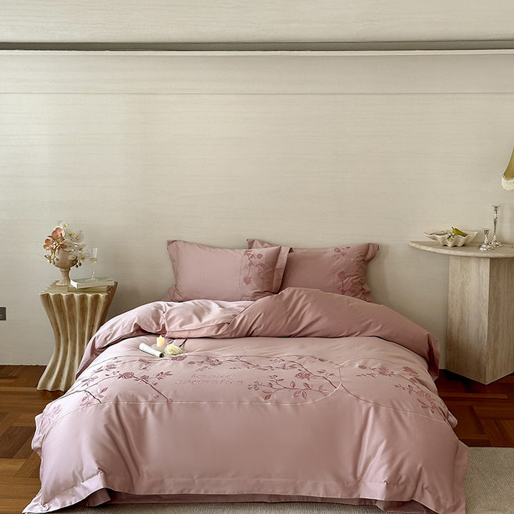 Silky Cotton-Sateen Embroidered Botanical Duvet Cover Set with Reversible Liner & Pillow Shams