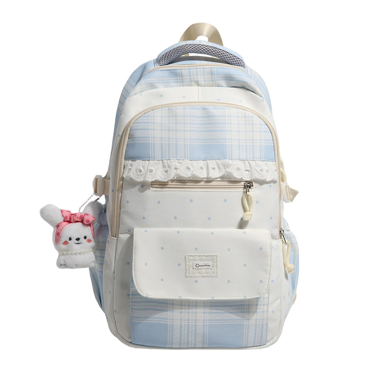 Plaid Patterned School Backpack with Cute Bunny Keychain Stornfield