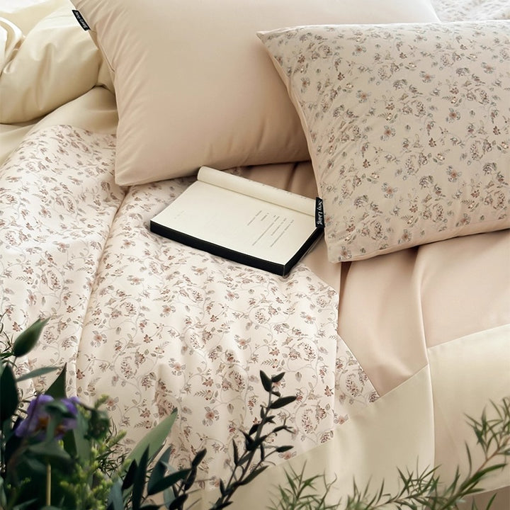 Reversible Floral Cotton-Blend Duvet Cover Set with Brushed Back & Corner Ties