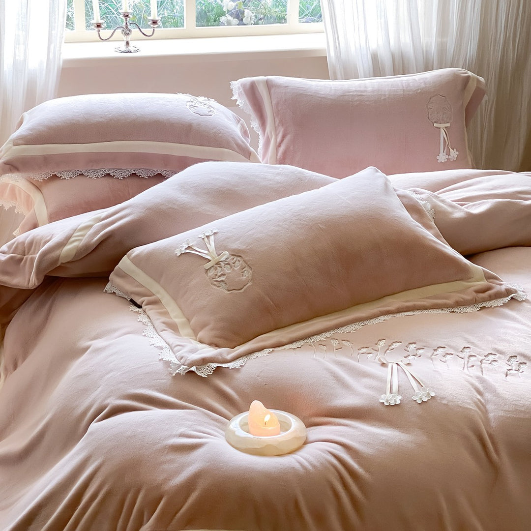 Embroidered Lace-Trim Plush Velvet Duvet Cover Set with Decorative Pillow Shams