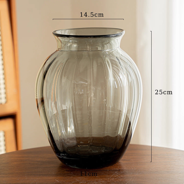 Handblown Ribbed Smoky Glass Bulb Vase with Narrow Neck Stornfield