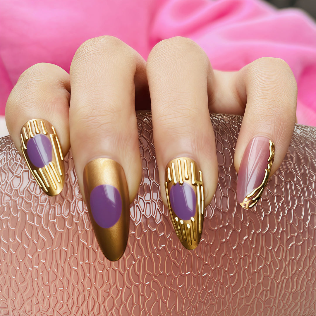 Artistic Press-On Nail Set with Gold and Purple Accents Stornfield