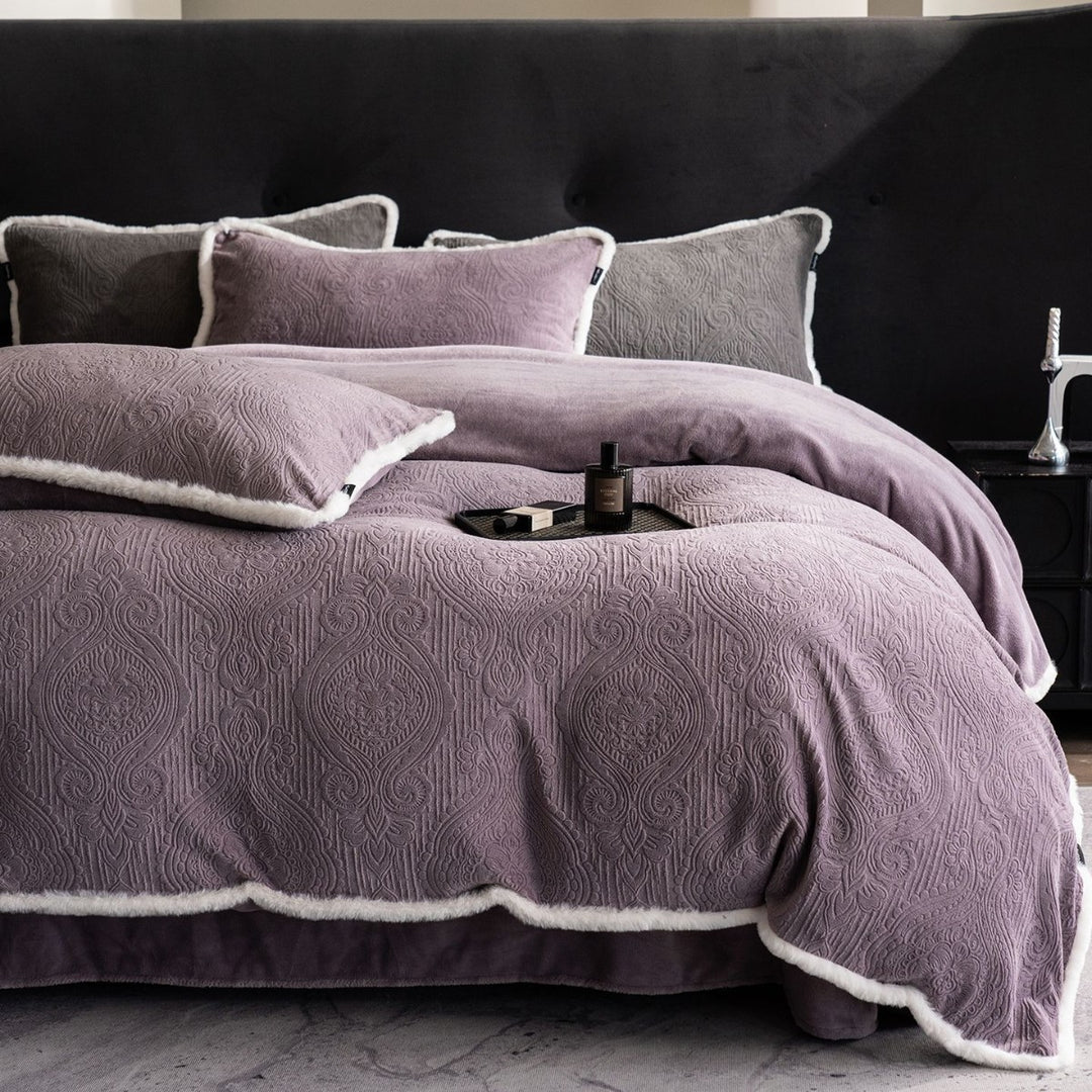 Quilted Embossed Paisley Duvet Cover Set with Reversible Plush Backing