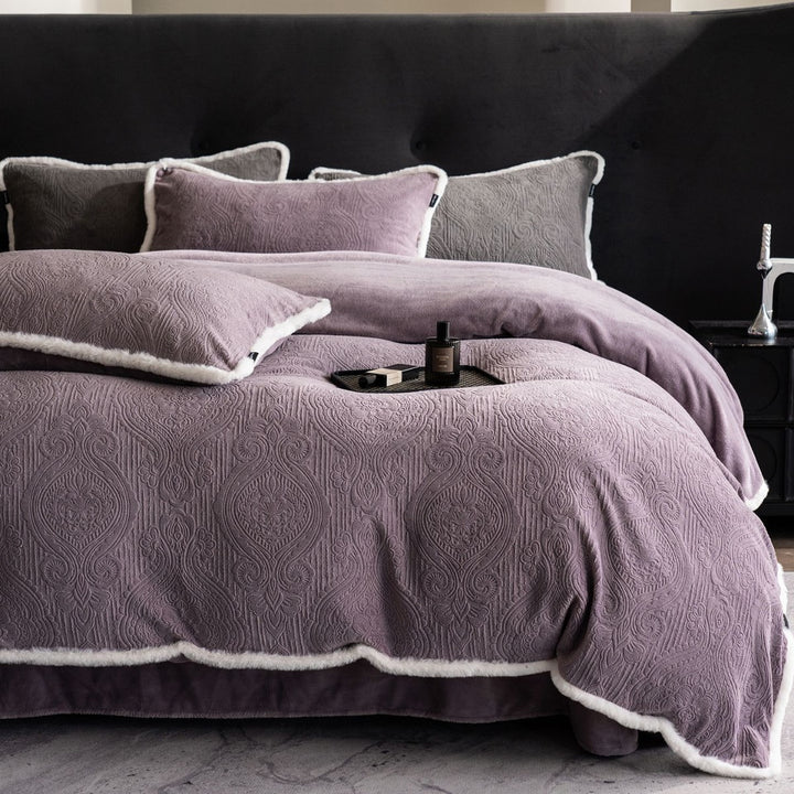 Quilted Embossed Paisley Duvet Cover Set with Reversible Plush Backing