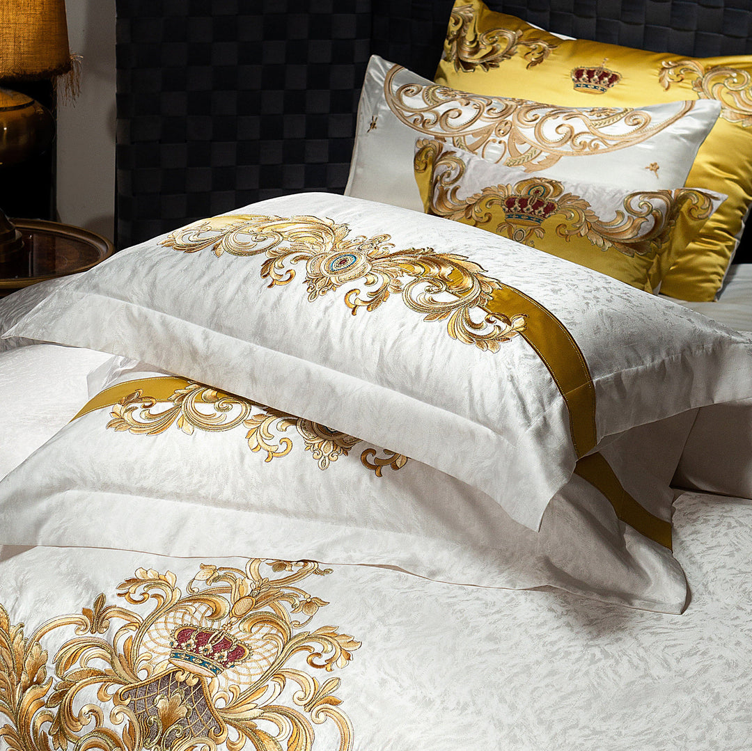 Opulent Baroque Scroll Embroidered Duvet Cover Ensemble with Satin-Edge Shams & Decorative Accent Pillow