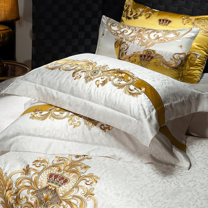 Opulent Baroque Scroll Embroidered Duvet Cover Ensemble with Satin-Edge Shams & Decorative Accent Pillow
