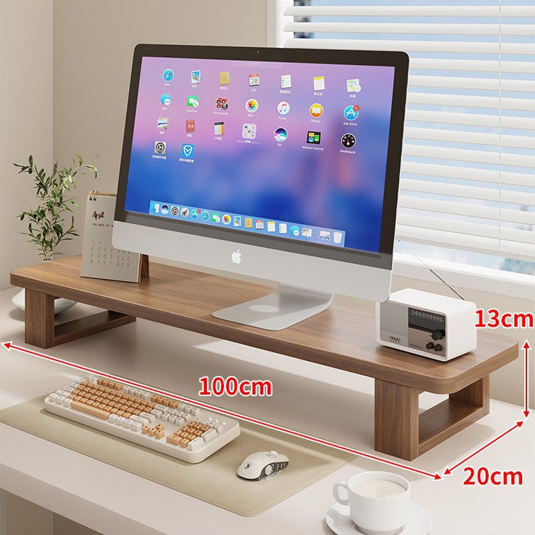 Wide Wooden Monitor Riser Shelf with Under-Shelf Storage and Cable Management